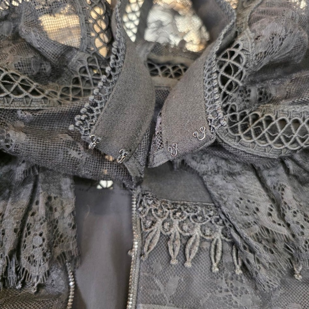 Self-Portrait Sz 10 Fine Lace Paneled Jumpsuit Black High Neck Ruffle Taper Leg - Picture 8 of 14